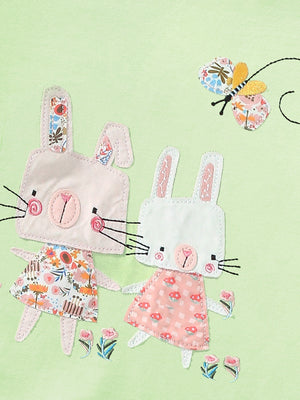 Toddler tee with appliqued bunnies and butterfly, short sleeves, round neck