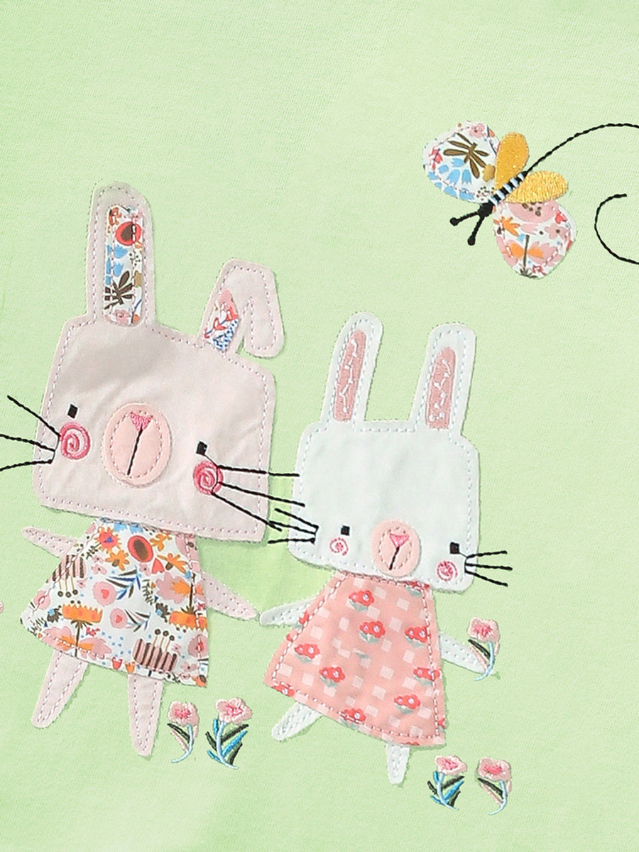 Toddler tee with appliqued bunnies and butterfly, short sleeves, round neck