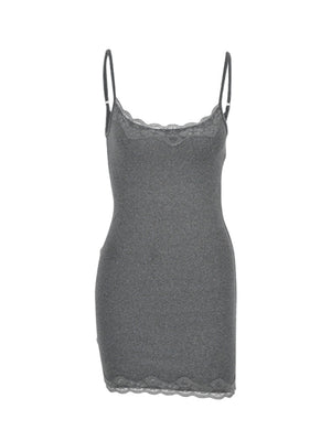 Grey lace trim bodycon mini dress with spaghetti straps and a scalloped hem.