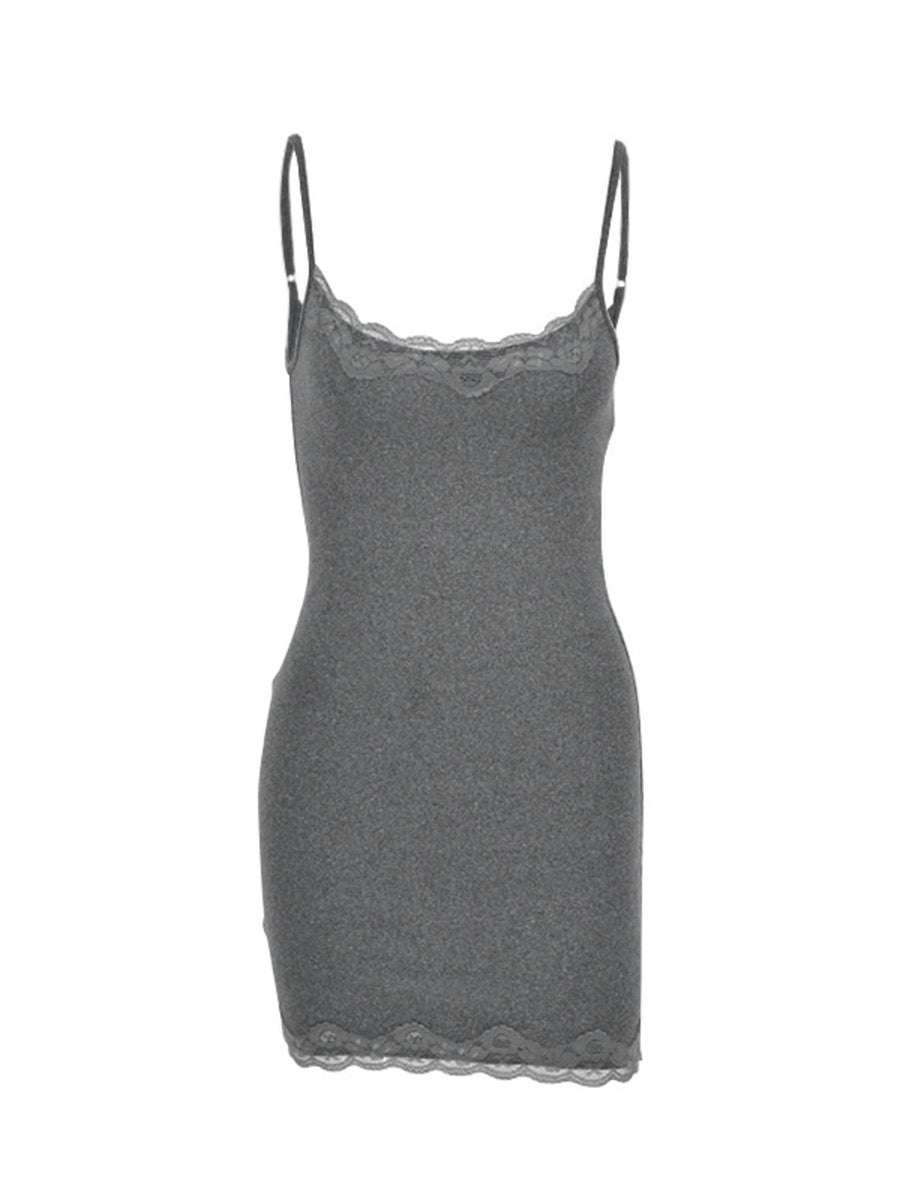 Grey lace trim bodycon mini dress with spaghetti straps and a scalloped hem.