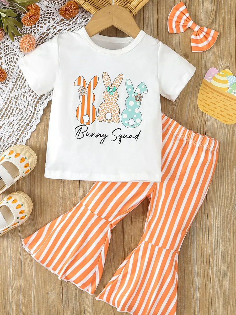 White Children's Bunny Round Neck Tee And Pants Set