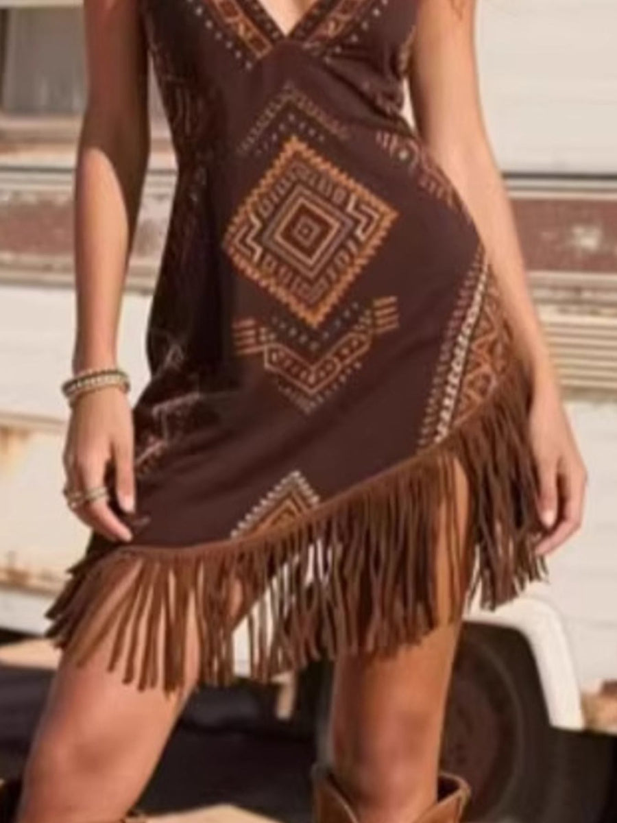 Brown Southwestern geometric mini dress with fringe hem and V-neckline.