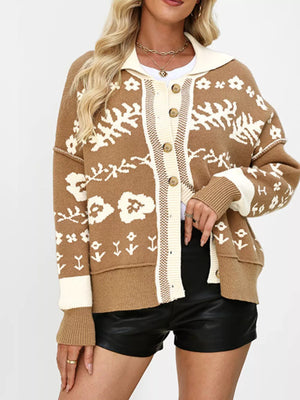 camel cardigan with floral and collared
