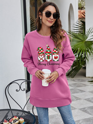 Pink Purple tunic sweatshirt with Christmas gnomes graphic and Merry Christmas text.