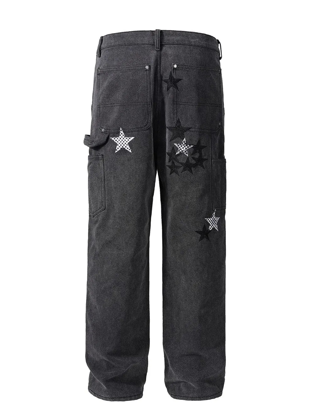 Dark embroidered star carpenter jeans with checkered pattern details.