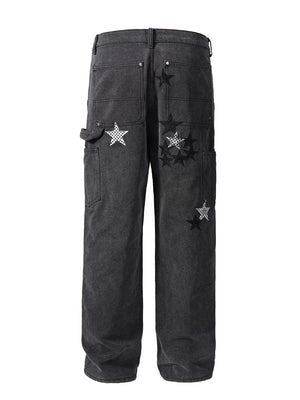 Dark embroidered star carpenter jeans with checkered pattern details.