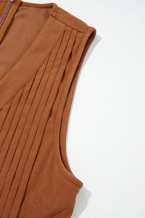 Solid Color Tie V Neck Sleeveless Corduroy Romper in Caramel with tied