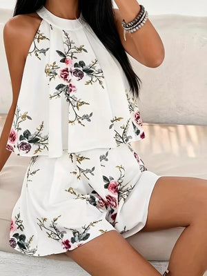 Floral Print Halter Neck Tank Top & Shorts Set in White