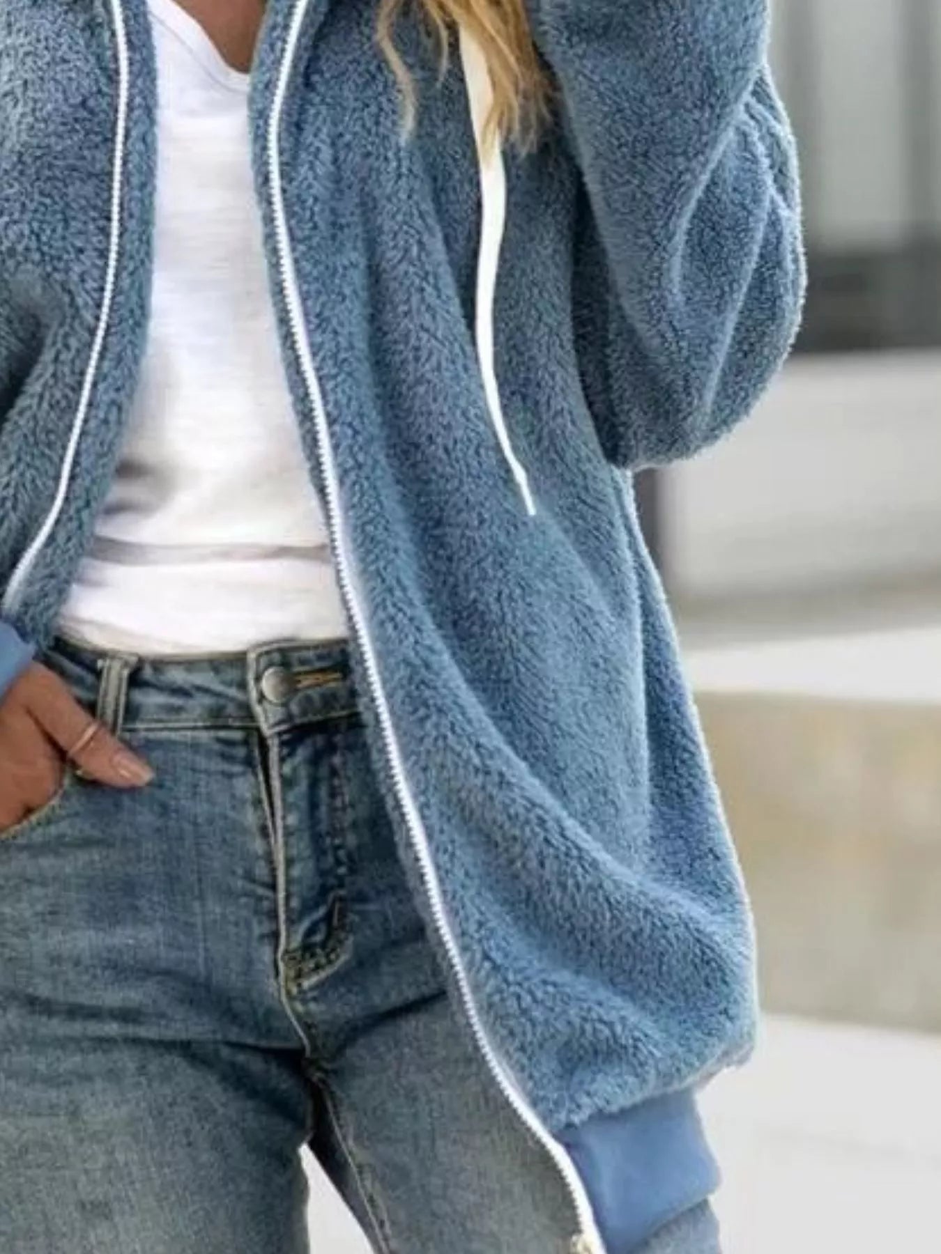 Blue fleece zip-up hoodie with white drawstring and zipper detail