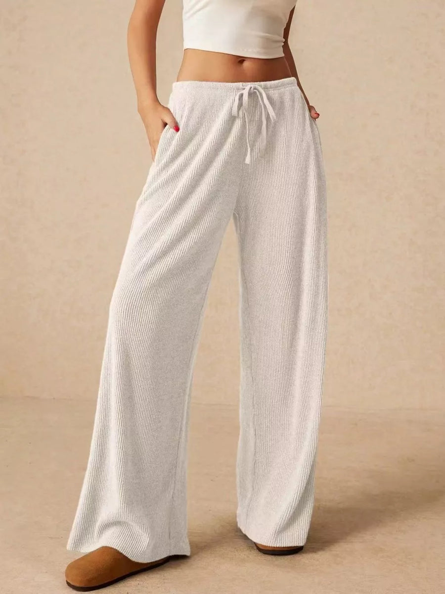 White ribbed wide-leg drawstring pants with pockets