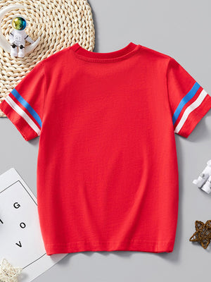 Red cotton t-shirt with striped sleeves for toddlers.