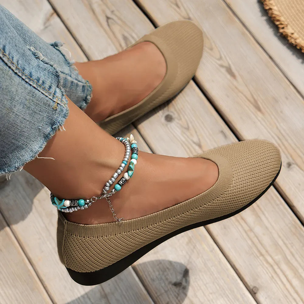 Khaki textured knit slip-on ballet flats with a beaded anklet.