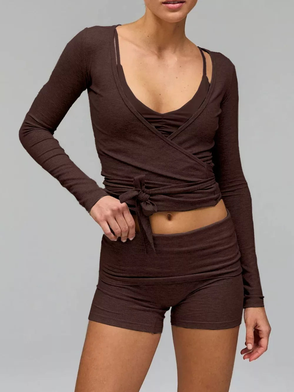 Brown ruched long sleeve wrap top and matching ribbed shorts set