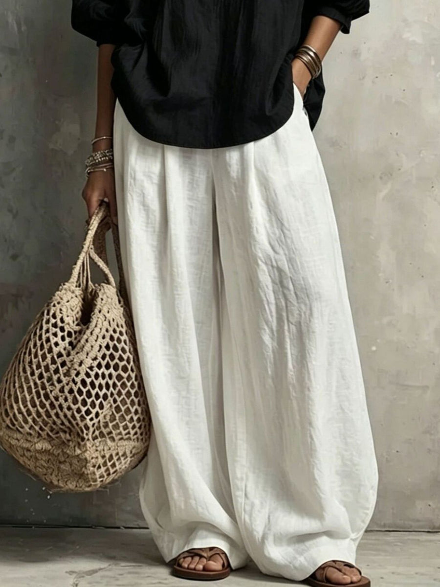 bohemian blouse and wide-leg pants set in Blush Pink with notched v-neck