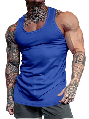 Blue scoop neck performance fit tank top with a relaxed cut.