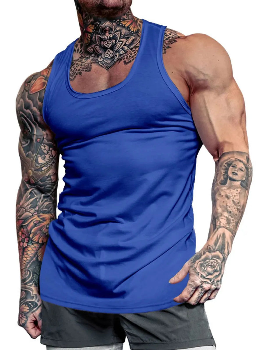 Blue scoop neck performance fit tank top with a relaxed cut.