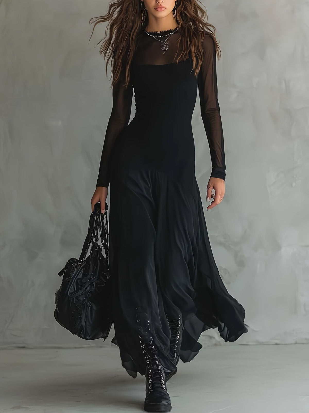 maxi dress in black featuring mesh and fit-and-flare fit