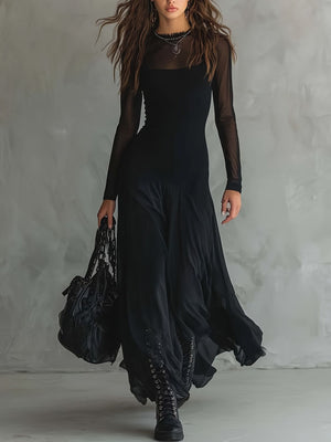 maxi dress in black featuring mesh and fit-and-flare fit