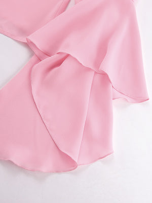 Pink ruffled flounce sleeve blouse with airy, casual style.