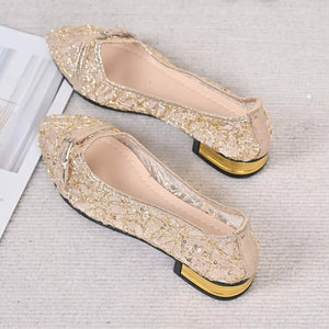 Point Toe Block Heels Loafers in Gold