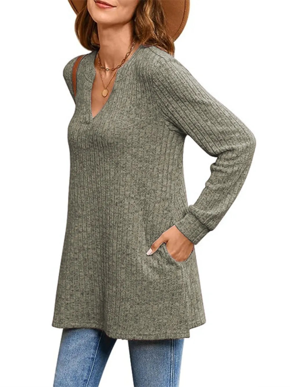 dusty blue t-shirt with tunic-length and pullover