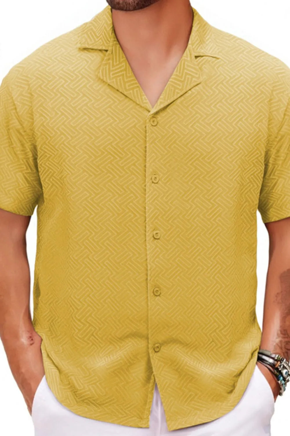 Textured resort collar shirt in gold with a geometric pattern, short sleeves, and button front.