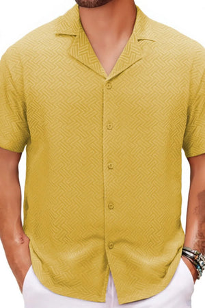 Textured resort collar shirt in gold with a geometric pattern, short sleeves, and button front.