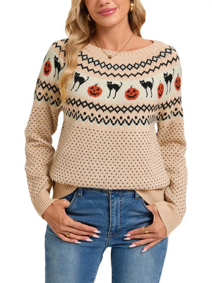 beige pullover sweater with fair isle and round neck