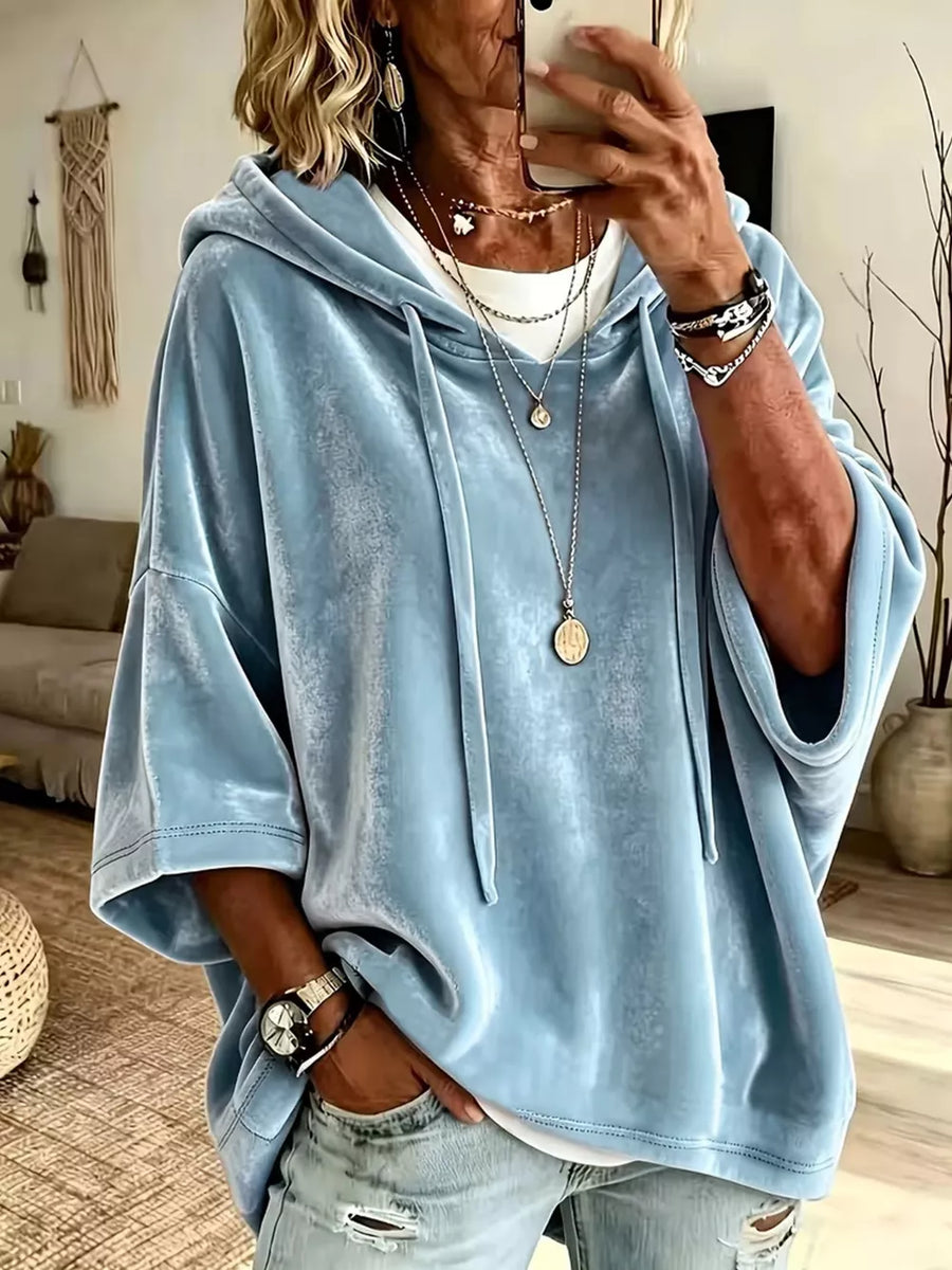 Khaki Velvet Loose Fit Hoodie With Drawstring