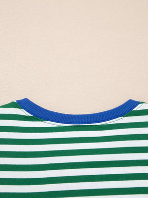 Green and white striped boxy tee with blue crew neck detail