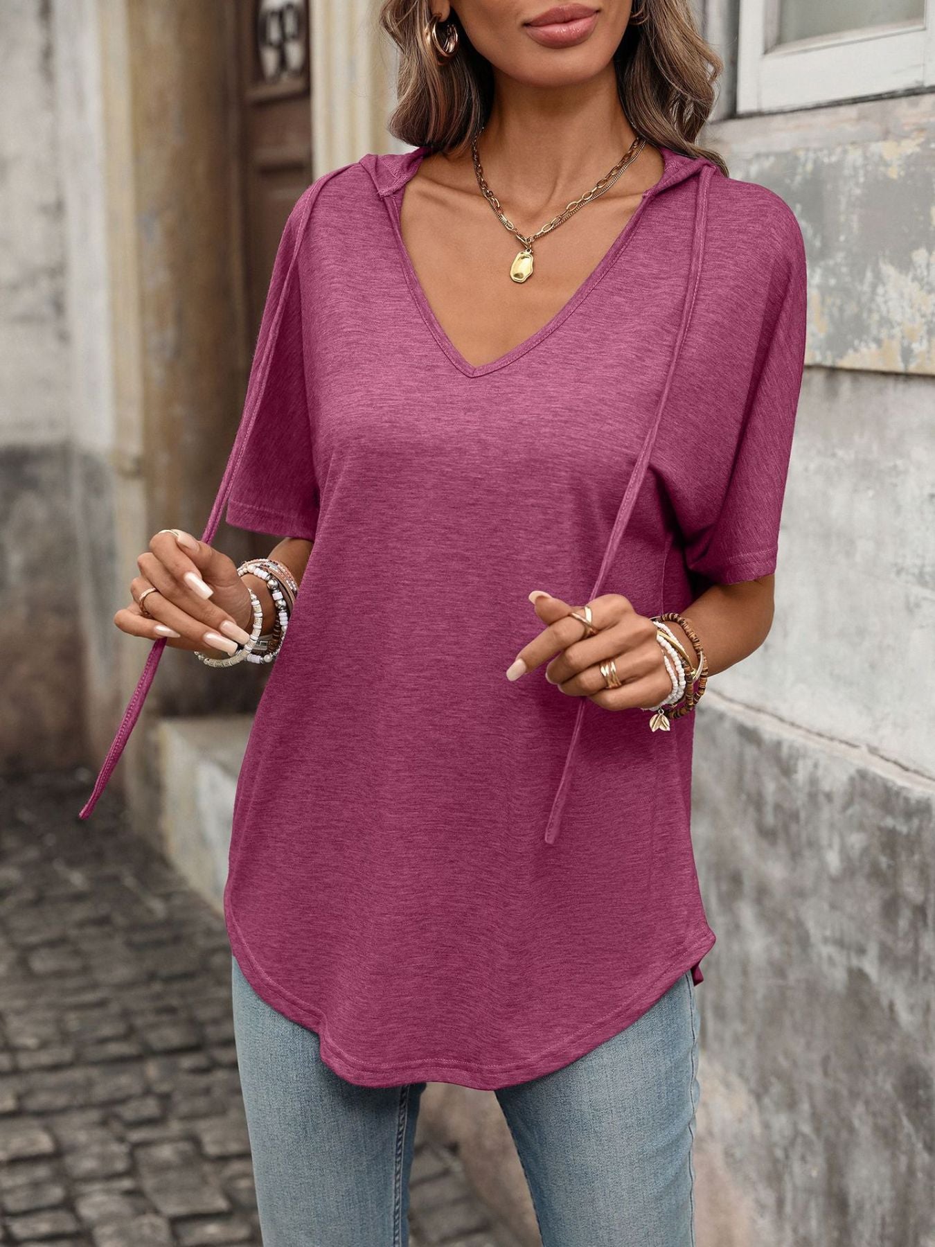 Burgundy relaxed short sleeve hooded t-shirt with v-neck and drawstring detail