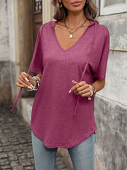 Burgundy relaxed short sleeve hooded t-shirt with v-neck and drawstring detail