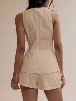 Apricot cotton two-piece summer set with sleeveless top and shorts.
