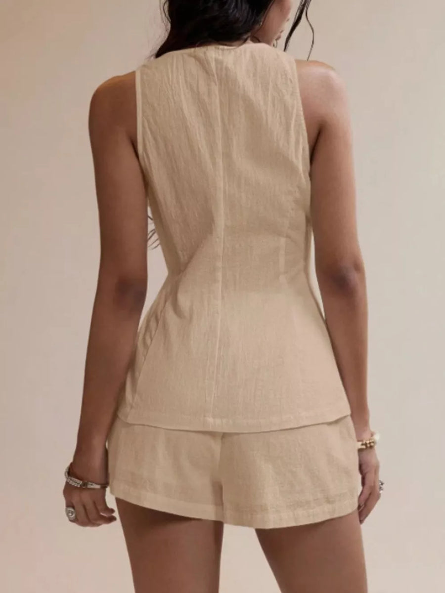 Apricot cotton two-piece summer set with sleeveless top and shorts.