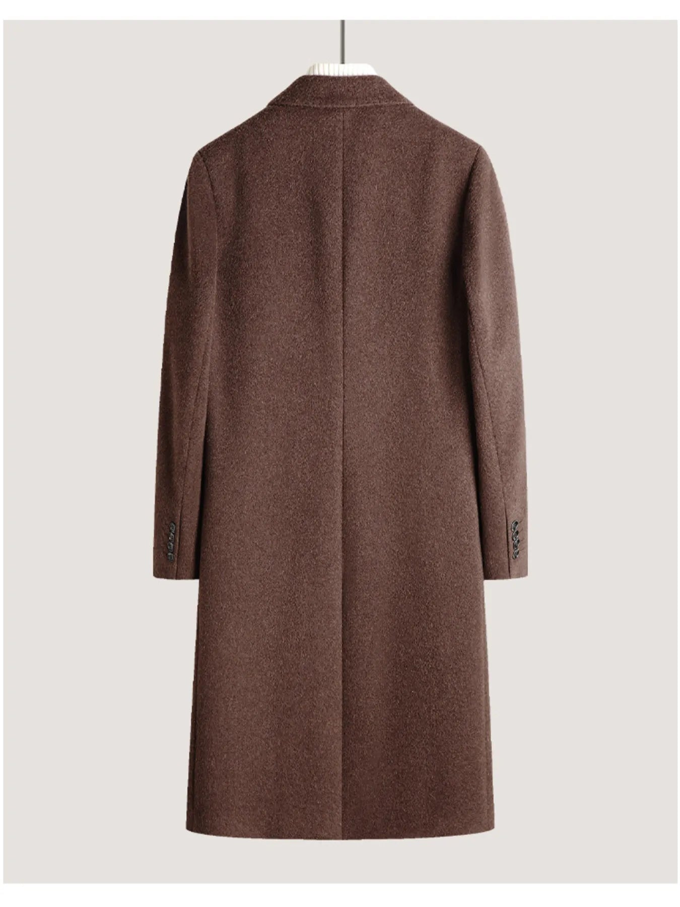 Men's brown longline wool overcoat with buttoned cuffs and classic collar.