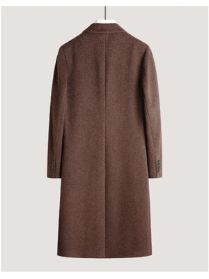 Men's brown longline wool overcoat with buttoned cuffs and classic collar.