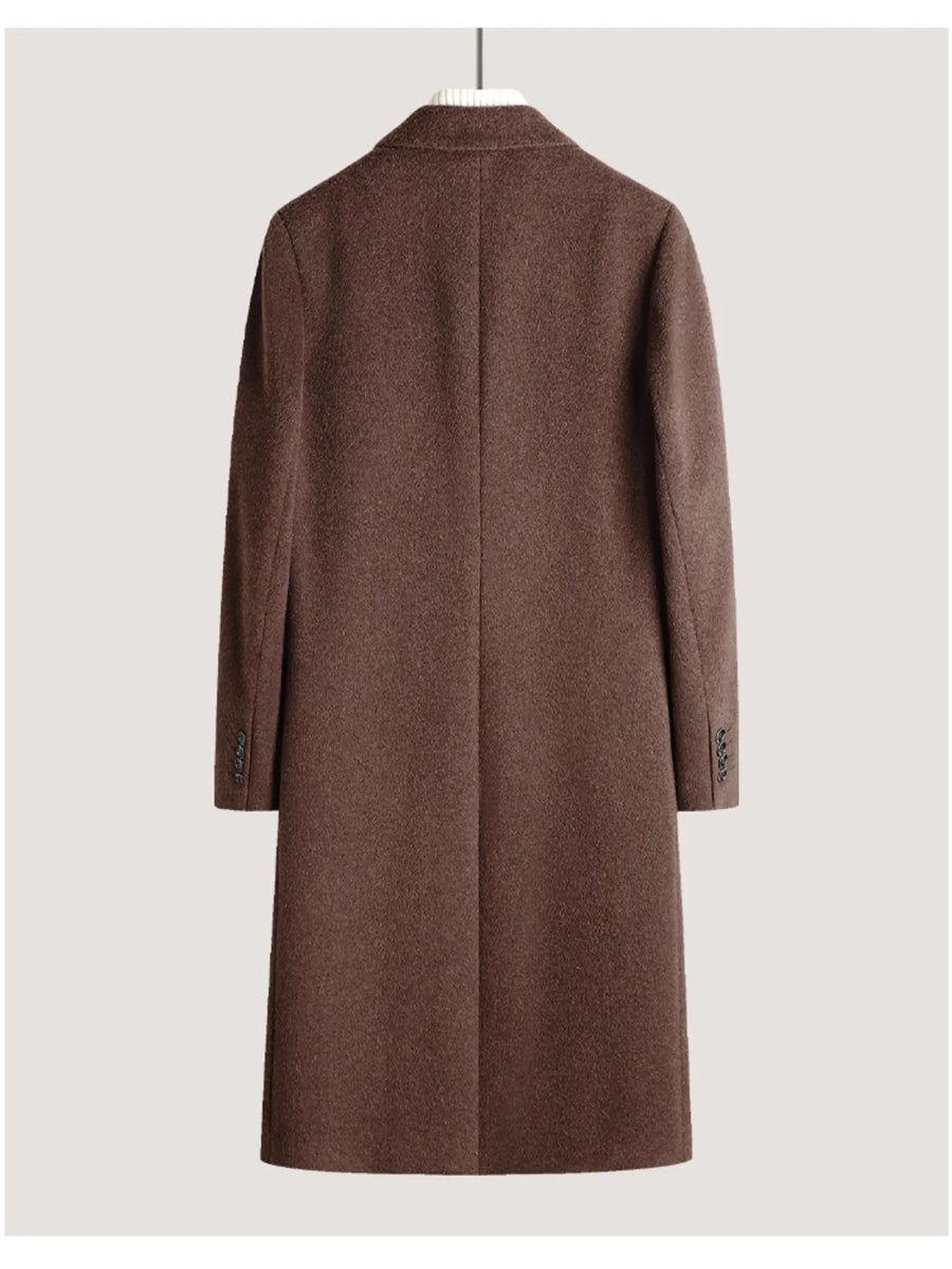 Men's brown longline wool overcoat with buttoned cuffs and classic collar.