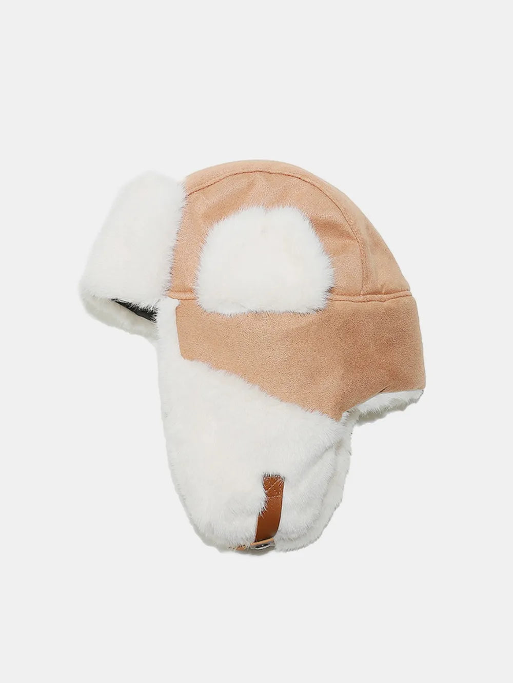 Camel aviator trapper hat with white faux fur trim and brown buckle detail.