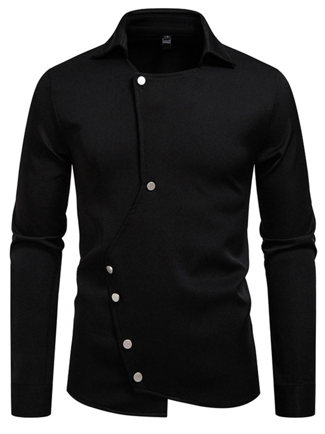 Black long sleeve shirt with asymmetrical button detail and classic collar
