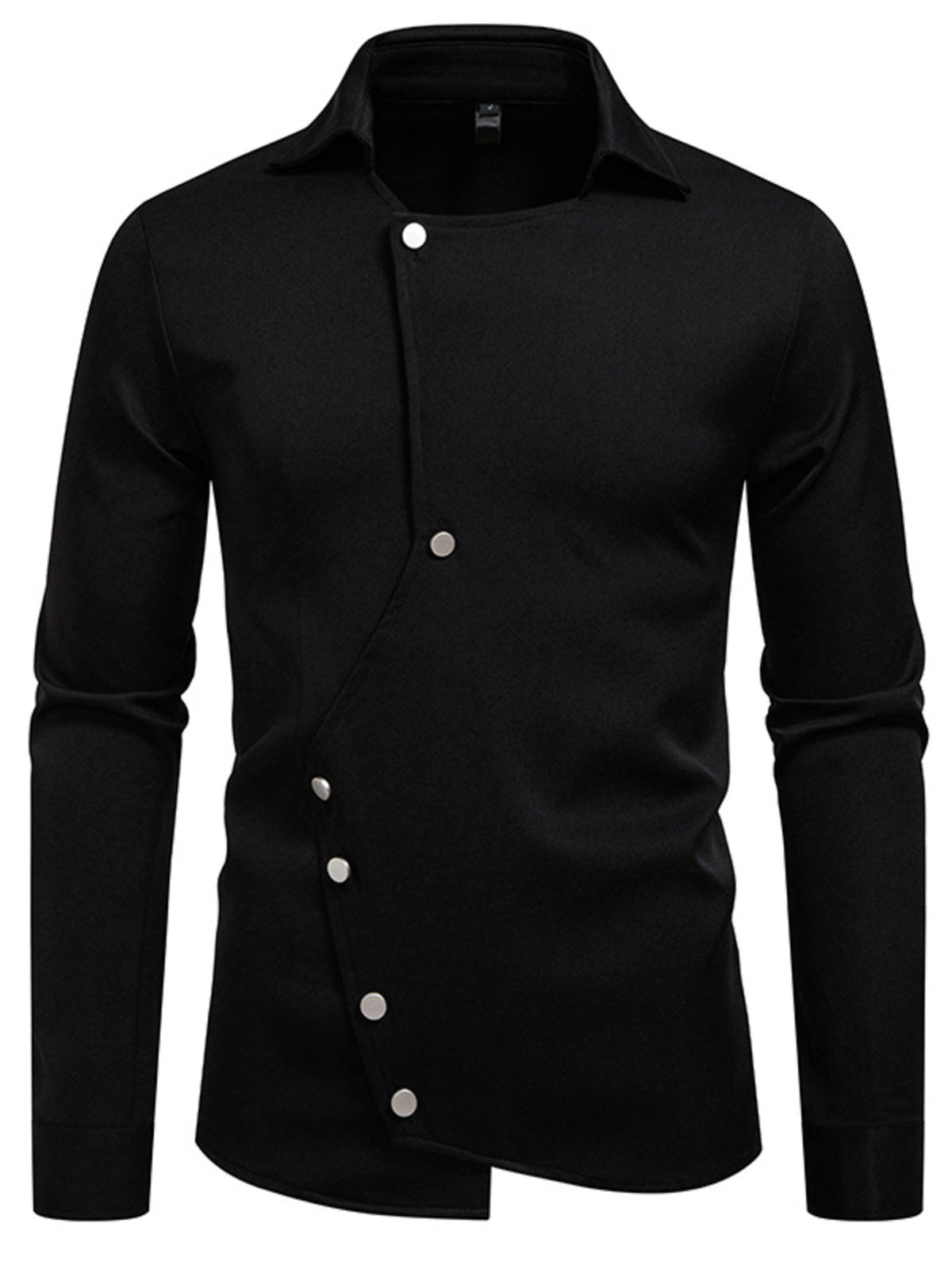 Black long sleeve shirt with asymmetrical button detail and classic collar