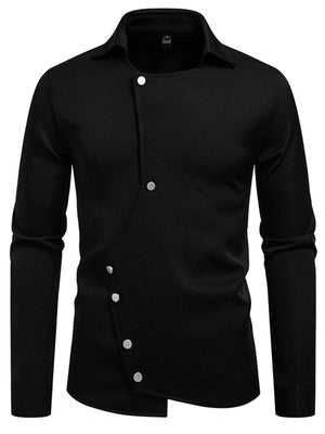 Black long sleeve shirt with asymmetrical button detail and classic collar
