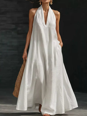 White halter neck maxi dress with pockets, 100% polyester, V-neck, flowy skirt