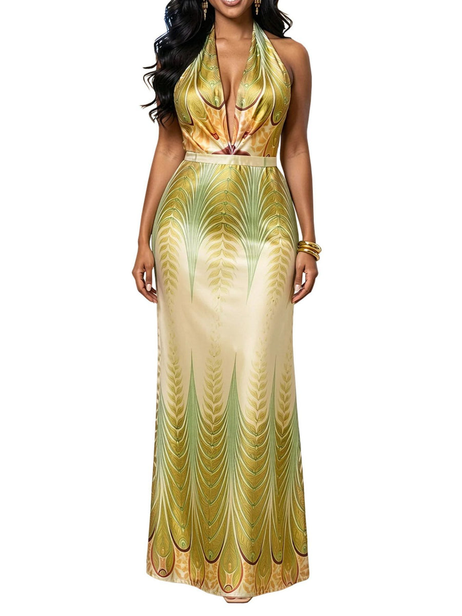 maxi dress in sage green with leaf-print and backless