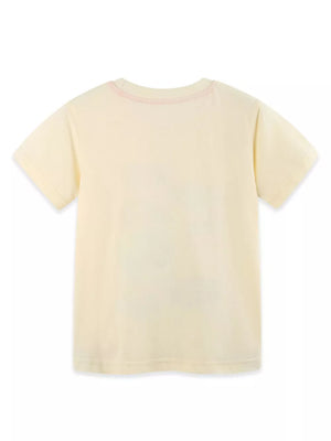 Cream cotton toddler t-shirt with pink stitched neckline and a faint vehicle print.