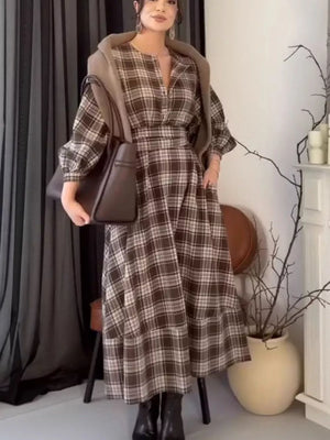 dark brown midi dress with plaid and collared