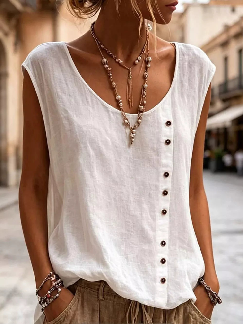 White Round Neck Decor Button Tank Plus Size
