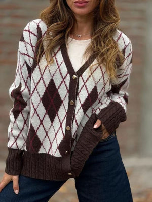 brown cardigan with argyle and v-neck