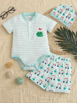 Baby golf bodysuit and shorts set with golf cart print and matching hat.