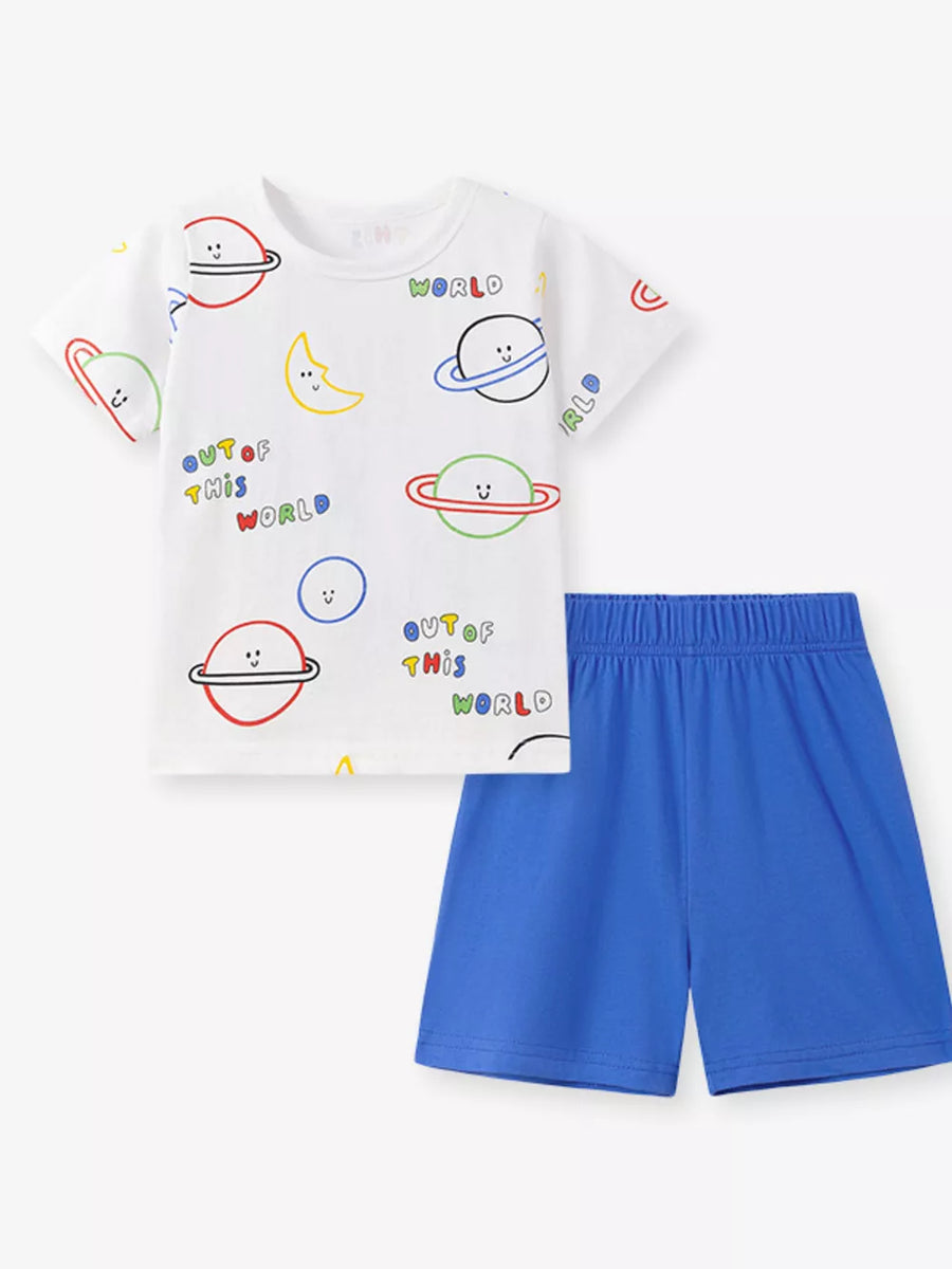 Children's white short sleeve tee with planet and text print, paired with blue shorts.