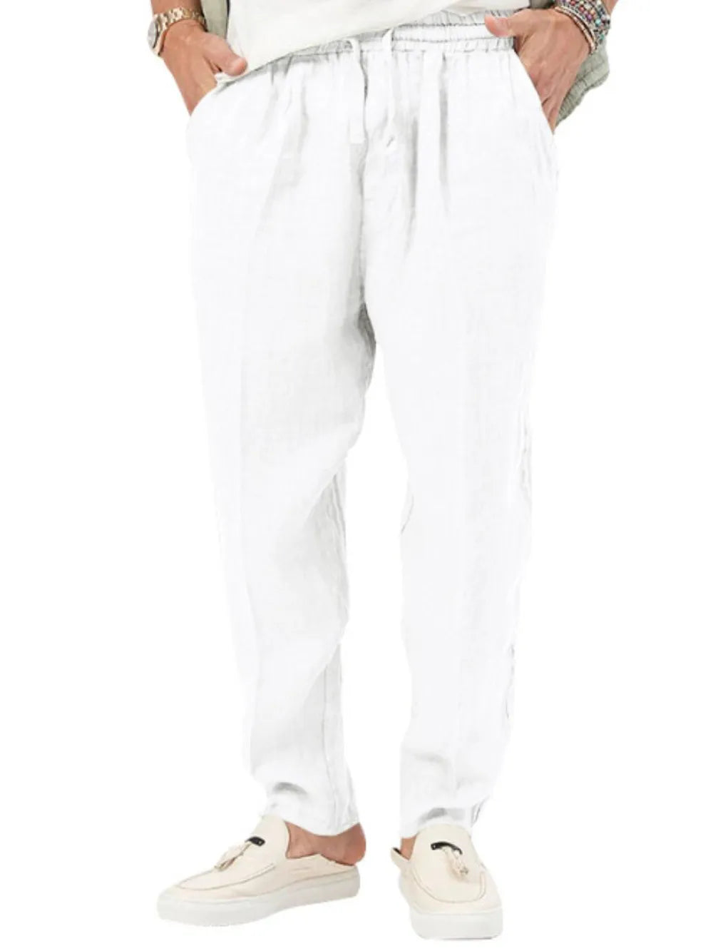 White linen drawstring relaxed fit trousers with pockets and adjustable waist